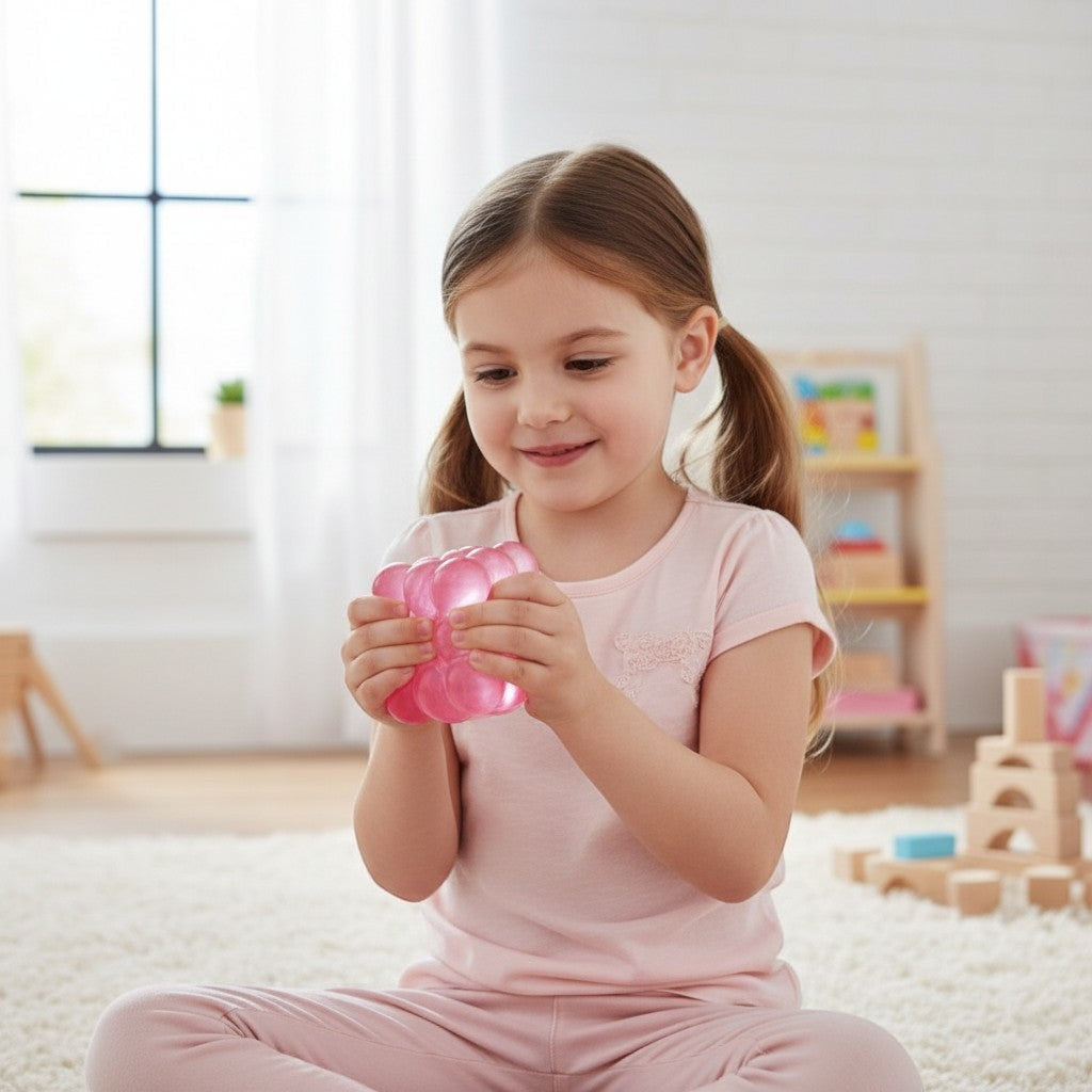 Young girl playing with a pink glittery Mellow Monkey bubble cube squeeze ball in a bright, cozy playroom.