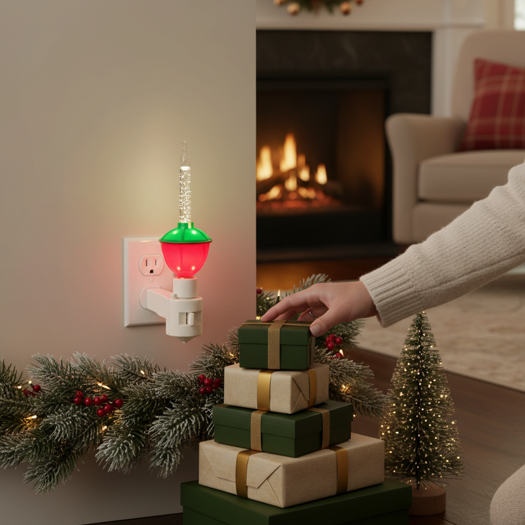 Mellow Monkey traditional bubble light night light with red and green base glowing in a festive holiday living room.