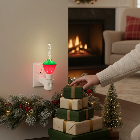 Mellow Monkey traditional bubble light night light with red and green base glowing in a festive holiday living room.