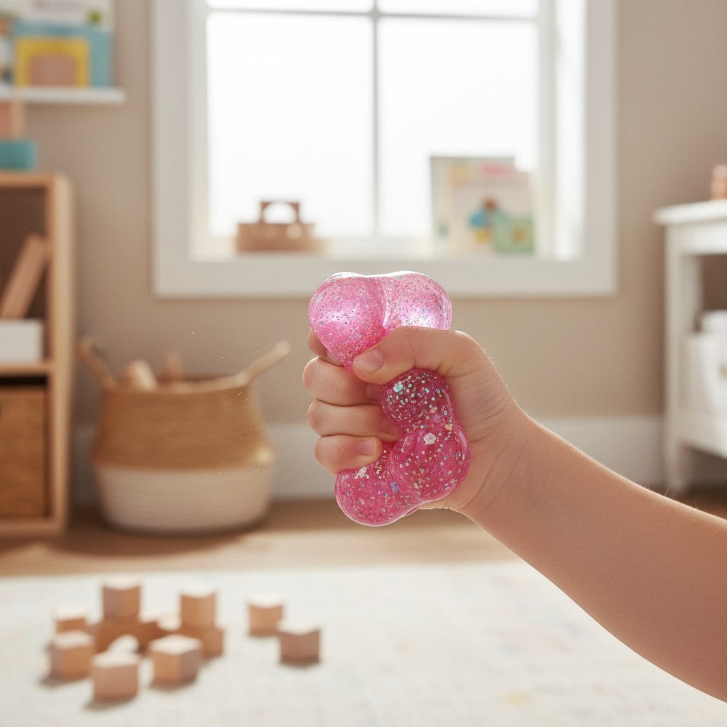 Mellow Monkey Bubblegum Glow Feelzies sensory bracelet being squeezed by a child in a bright playroom.