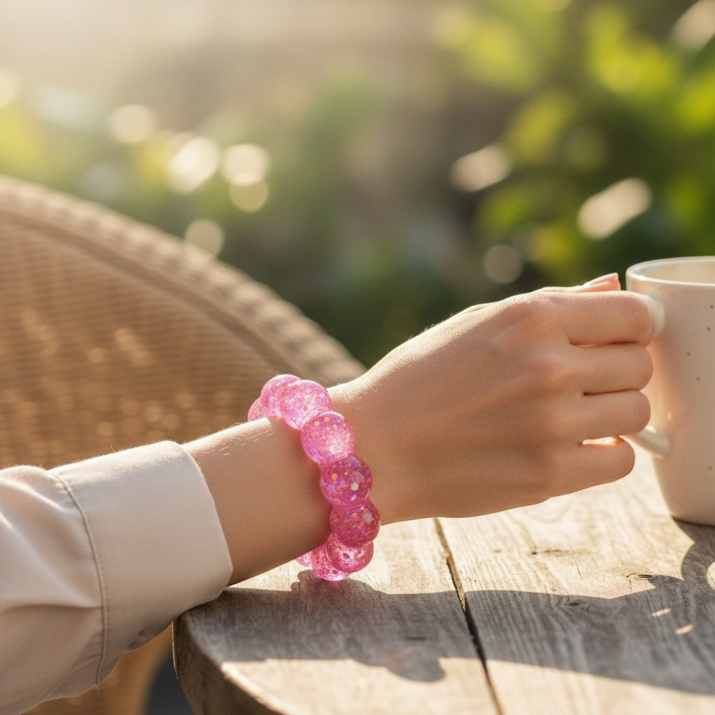 Mellow Monkey Bubblegum Glow Feelzies sensory bracelet in pink glitter worn on a wrist at a sunny outdoor table.