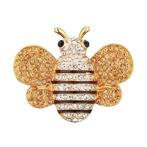 Mellow Monkey Bumble Bee Fashion brooch with champagne rhinestones and black enamel stripes on gold-tone body.