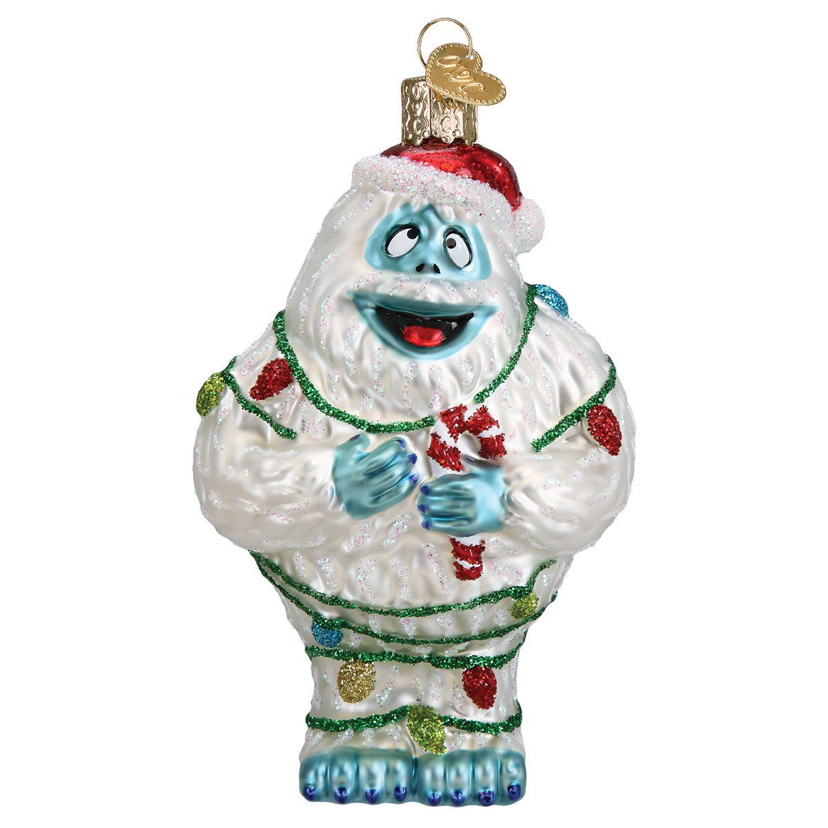 Mellow Monkey Bumble the Abominable Snow Monster Christmas ornament, white glass with red Santa hat, holding candy cane, wrapped in lights.