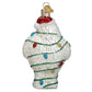 Mellow Monkey Bumble the Abominable Snow Monster Christmas ornament, white glass with red Santa hat and colorful lights.