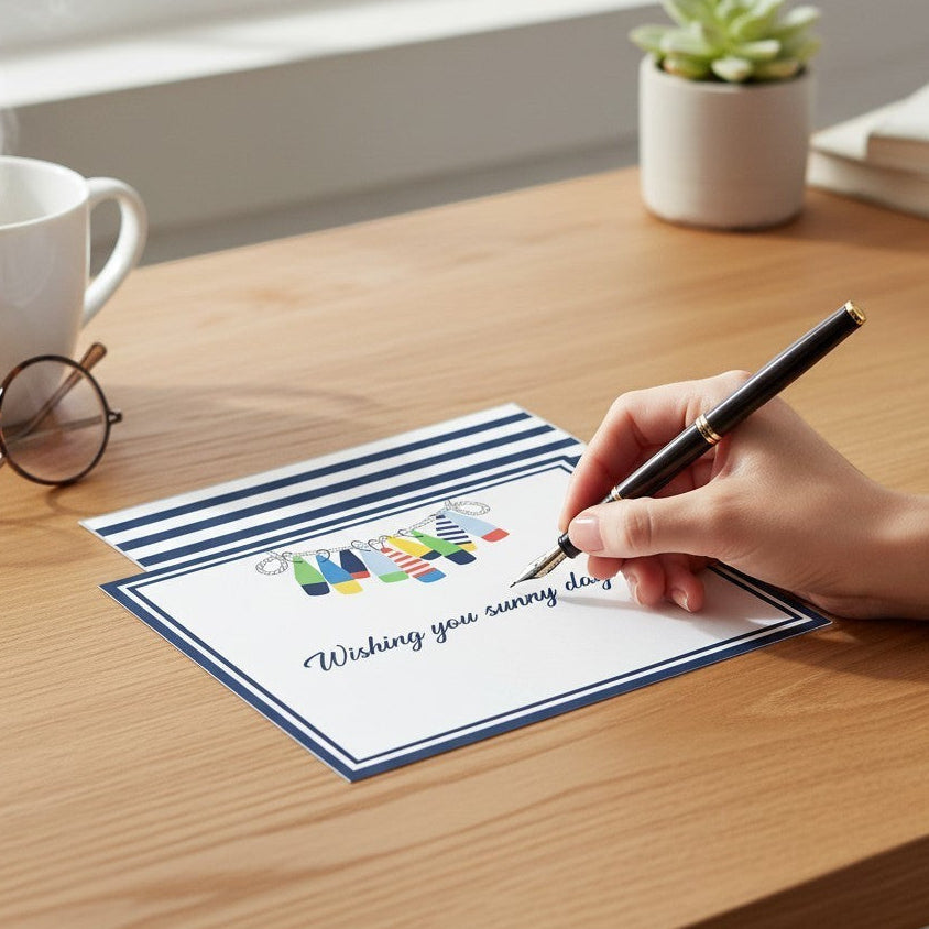 Mellow Monkey flat notecards featuring a string of colorful buoys on a white background with navy stripes.