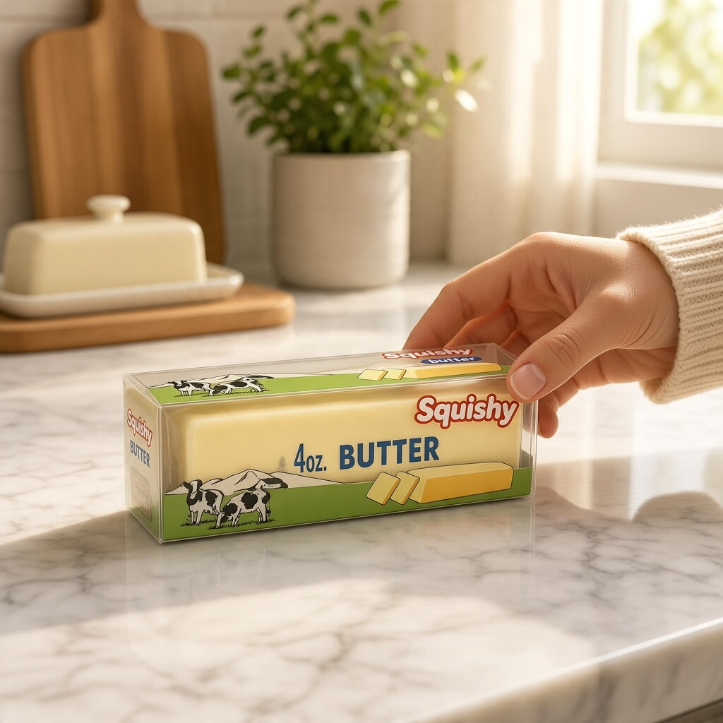 Mellow Monkey Wax Crack Butter Stick squishy toy in realistic packaging held by a hand on a marble kitchen counter