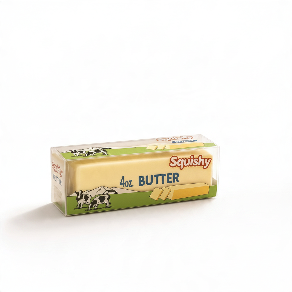 Mellow Monkey Wax Crack Butter Stick squishy toy in realistic yellow butter packaging with cow illustrations