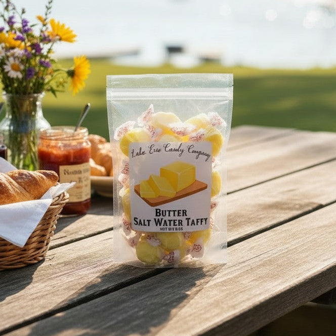 Mellow Monkey Butter Salt Water Taffy, individually wrapped yellow candies in a clear bag, on a picnic table with croissants and coffee.