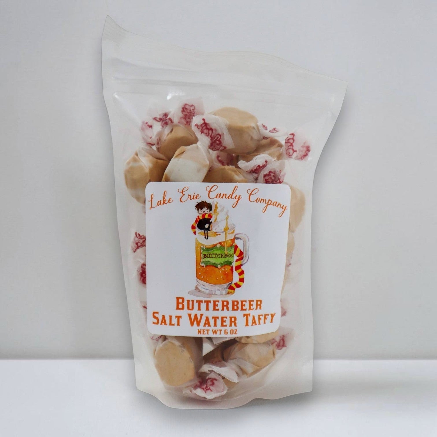 Mellow Monkey Butterbeer Salt Water Taffy, individually wrapped, butterscotch flavor, 6 oz bag.