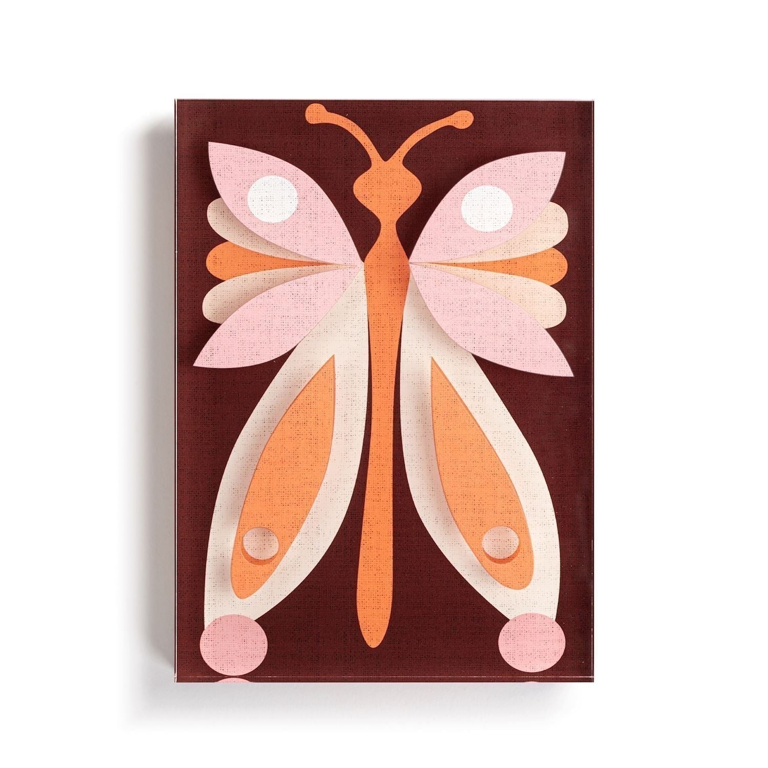 Mellow Monkey Together Tile Acrylic Wall Art, 5x7-in, featuring a colorful butterfly design with pink, orange, and cream layered paper cutouts on a dark brown textured background.