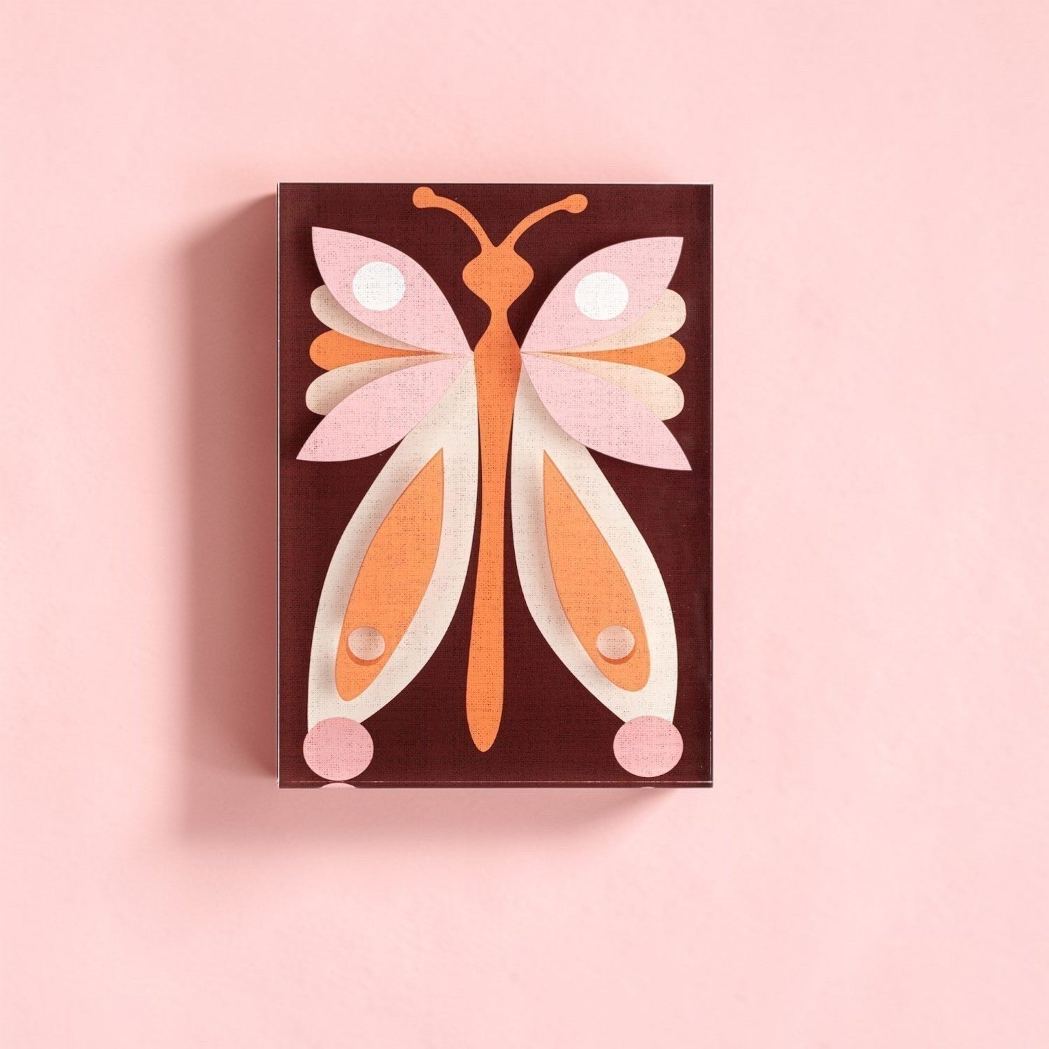 Mellow Monkey Together Tile Acrylic Wall Art, 5x7 inch, featuring a colorful butterfly design with pink, orange, and cream layered paper.