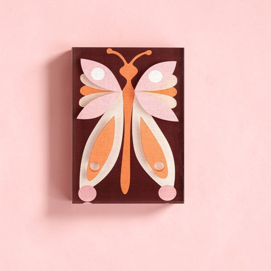 Mellow Monkey Together Tile Acrylic Wall Art, 5x7 inch, featuring a colorful butterfly design with pink, orange, and cream layered paper.