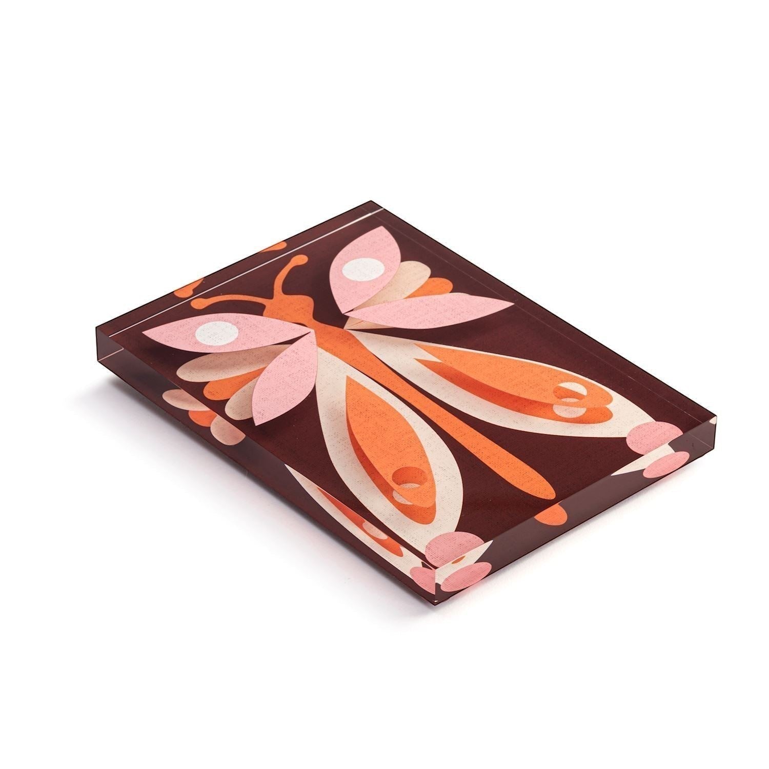 Mellow Monkey Together Tile Acrylic Wall Art, 5x7-in, featuring a stylized butterfly in pink, orange, and cream on a brown background.