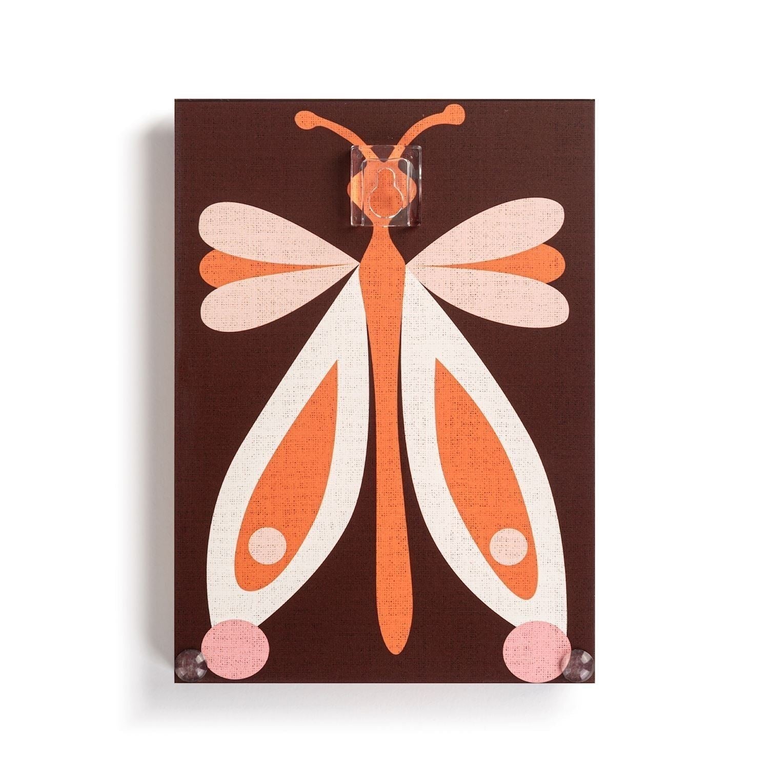 Mellow Monkey Together Tile Acrylic Wall Art, 5 x 7-in, featuring a stylized butterfly in orange, pink, and white on a brown background.