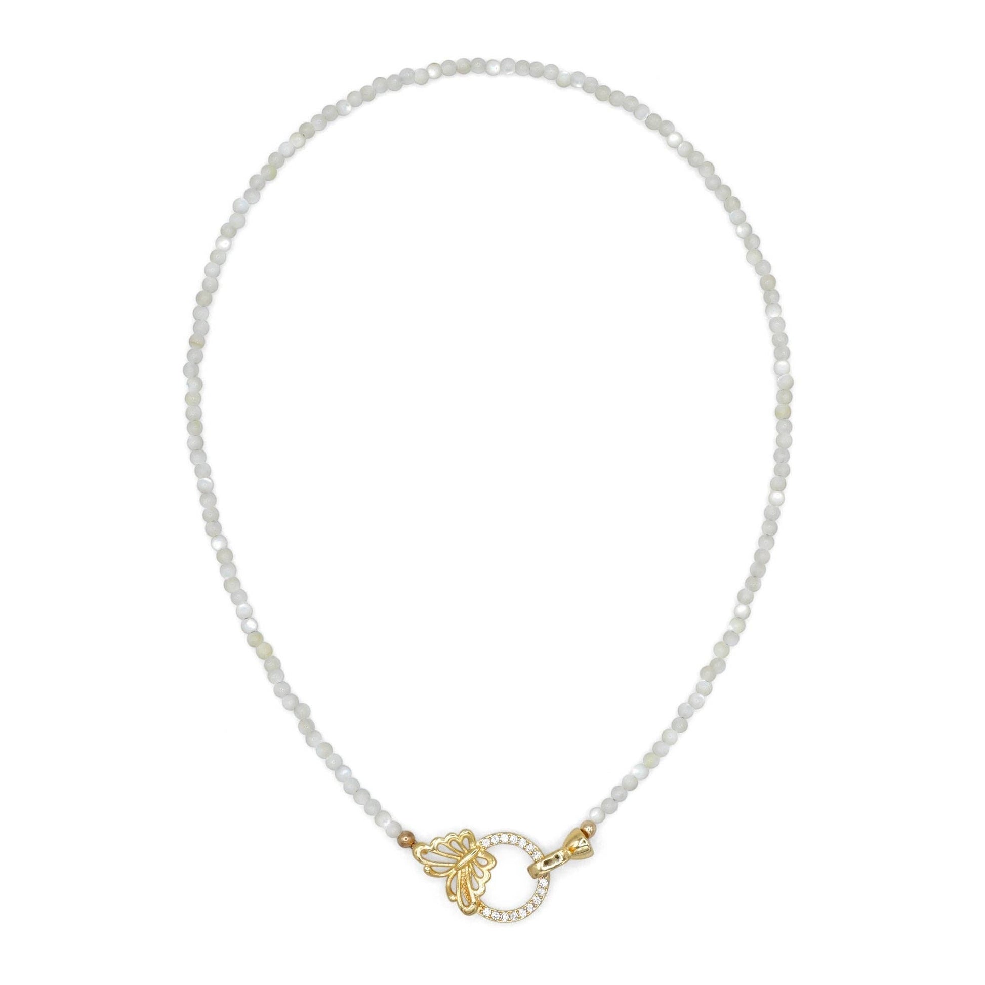 Mellow Monkey 18K gold plated choker with mother of pearl beads and a delicate butterfly clasp with cubic zirconia.