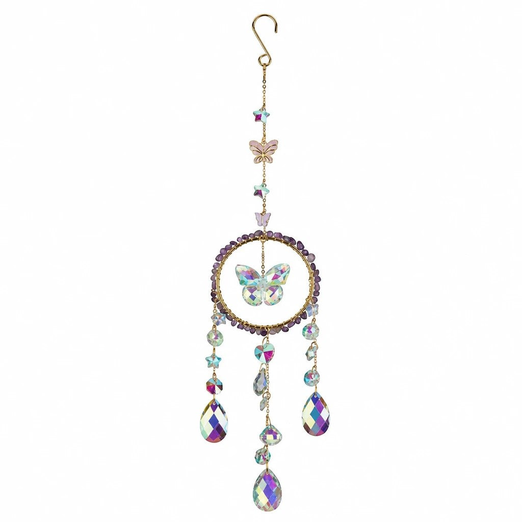 Mellow Monkey butterfly suncatcher with healing stones, iridescent crystals, and gold chains for window decor.
