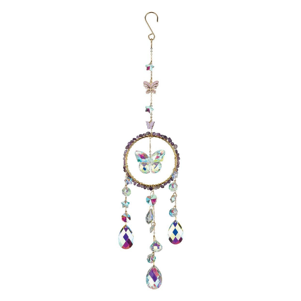 Mellow Monkey butterfly suncatcher with healing stones, crystals, and gold chains for window decor.
