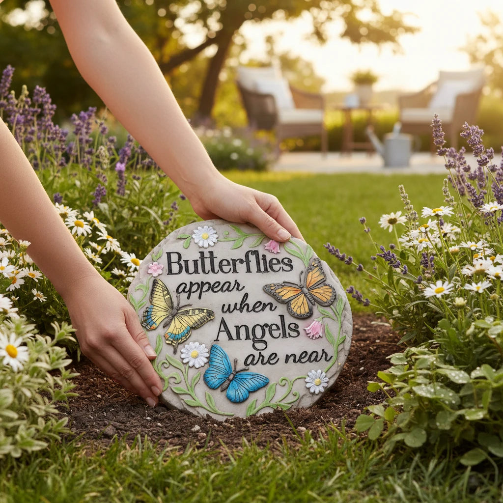 Mellow Monkey round memorial stepping stone with butterfly designs and the quote Butterflies Appear When Angels are Near