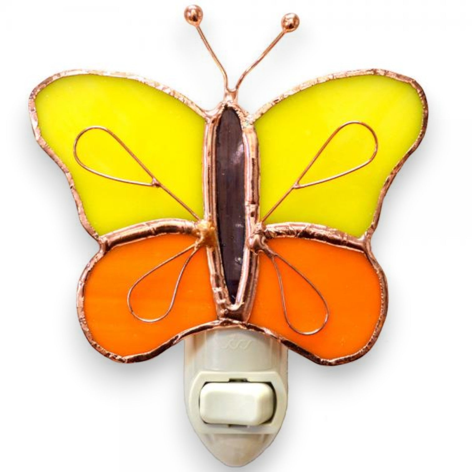 Mellow Monkey stained glass butterfly nightlight with yellow and orange wings and a copper electroplate finish.