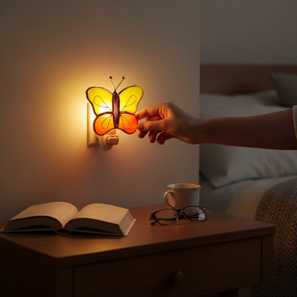 Mellow Monkey stained glass butterfly nightlight in yellow and orange glowing on a bedroom wall near a nightstand.