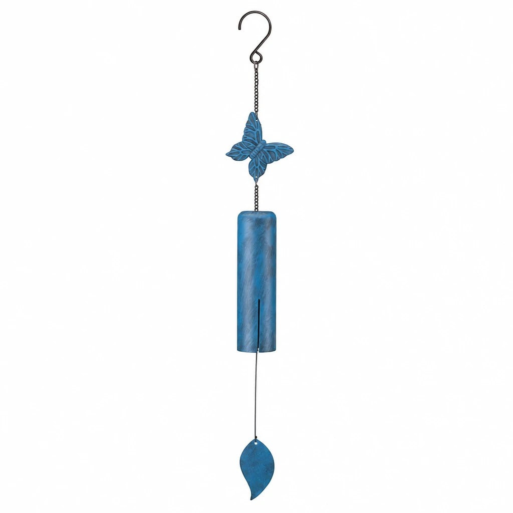 Mellow Monkey butterfly wind bell in blue with a mellow patina finish, featuring a steel chamber and leaf striker.