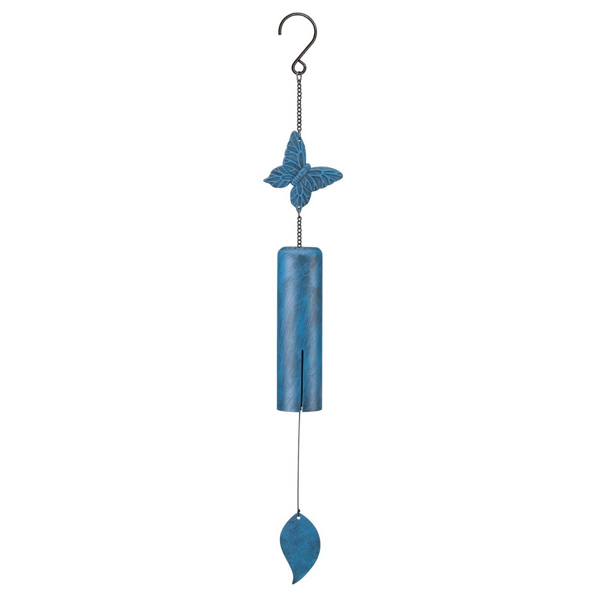 Mellow Monkey butterfly wind bell with a blue patina finish steel chamber and leaf-shaped wind catcher.