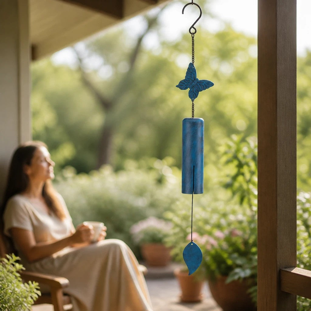 Mellow Monkey butterfly wind bell with a blue patina finish hanging on a porch with a woman relaxing in the background