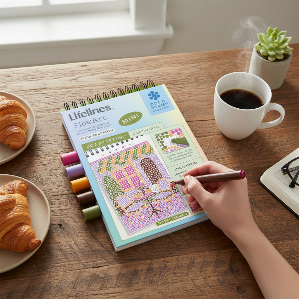 Mellow Monkey Cafe Comforts MINI FlowArt Dot By Letter kit with colorful markers on a wooden table with coffee