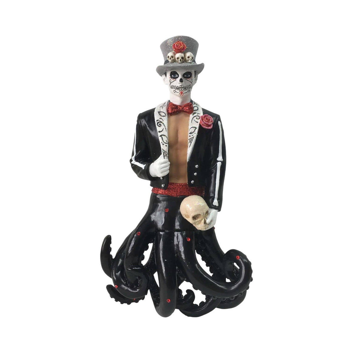 Mellow Monkey December Diamonds Calavera merman ornament featuring a skeleton face, top hat, and black octopus tail.