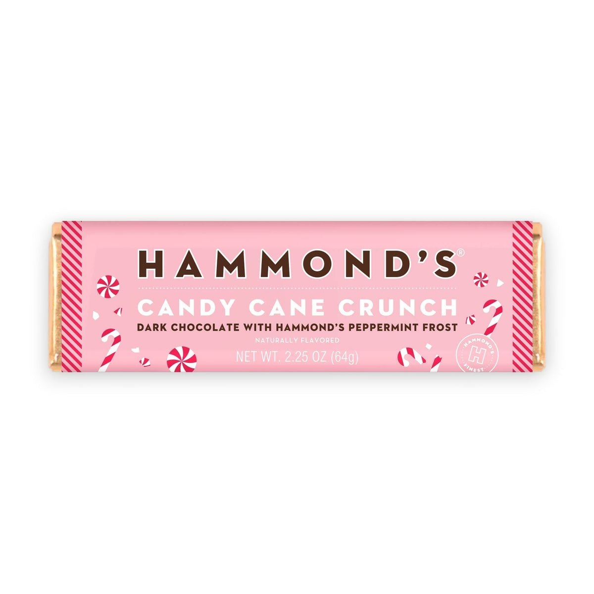 Mellow Monkey Candy Cane Crunch dark chocolate bar in pink festive packaging with peppermint candy cane illustrations