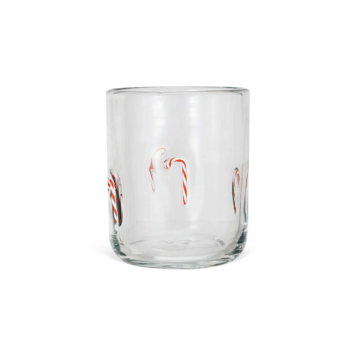 Mellow Monkey 16 oz clear glass featuring an embedded red and white candy cane holiday icon pattern