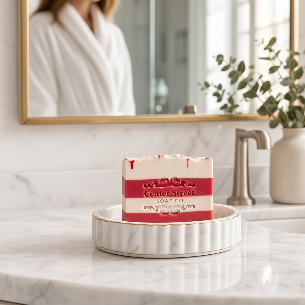 Mellow Monkey Candy Cane Christmas vegan handmade bar soap with red and white stripes on a white ceramic soap dish.
