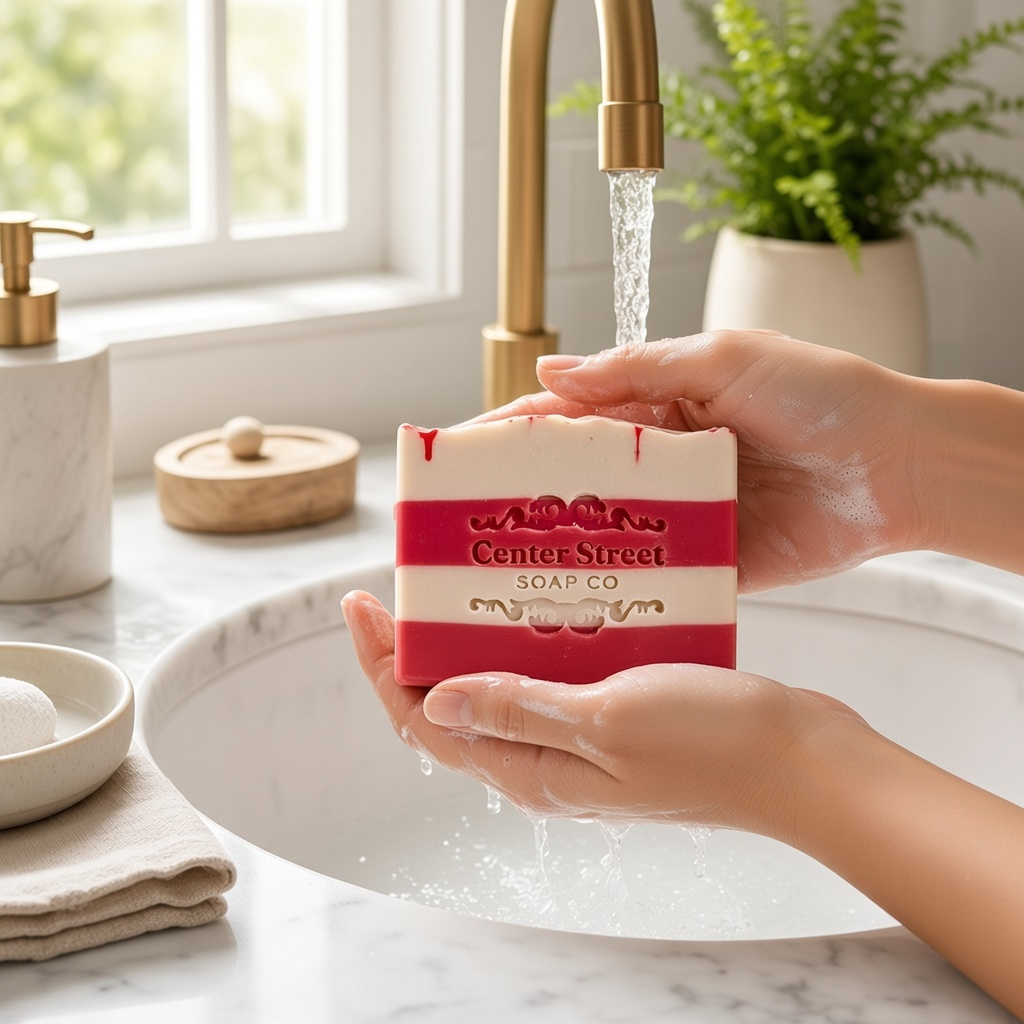 Mellow Monkey Candy Cane Christmas vegan bar soap with red and white stripes being rinsed under a bathroom faucet.