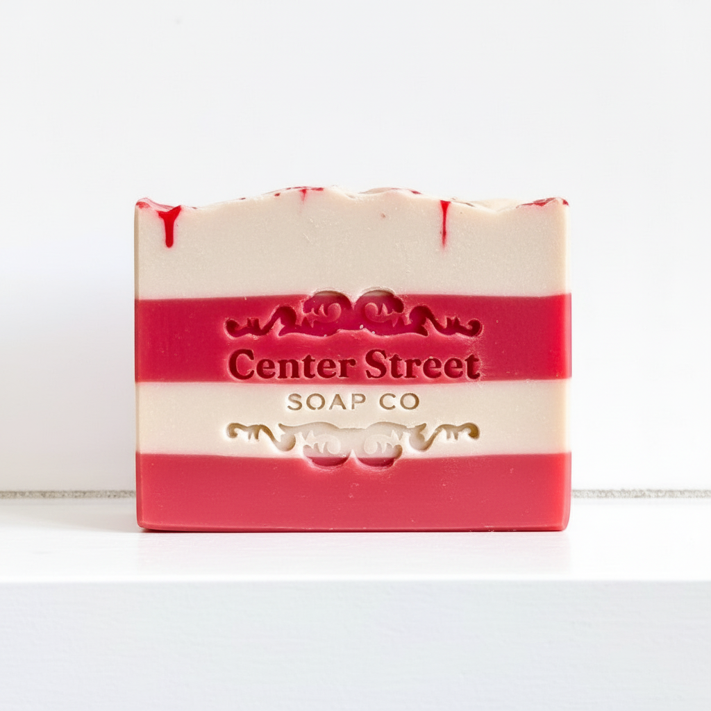 Mellow Monkey Candy Cane Christmas vegan handmade bar soap with red and white stripes and embossed logo