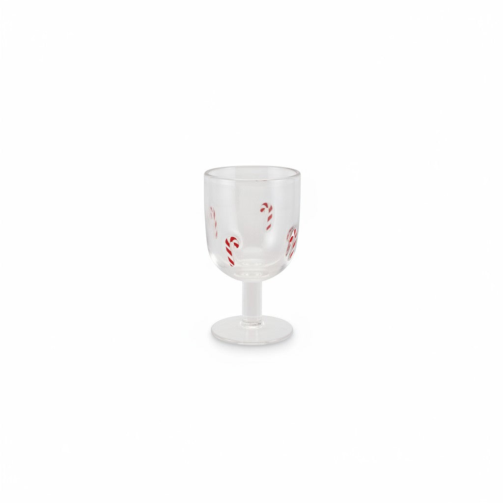 Mellow Monkey 10-oz clear stemmed wine glass featuring hand-painted red and white candy cane holiday icons