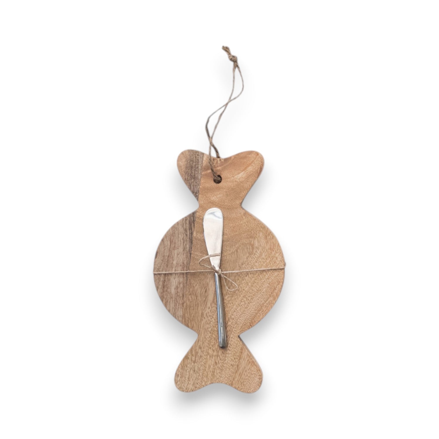 Mellow Monkey candy-shaped mango wood serving board with a matching metal canape knife tied with rustic jute twine.