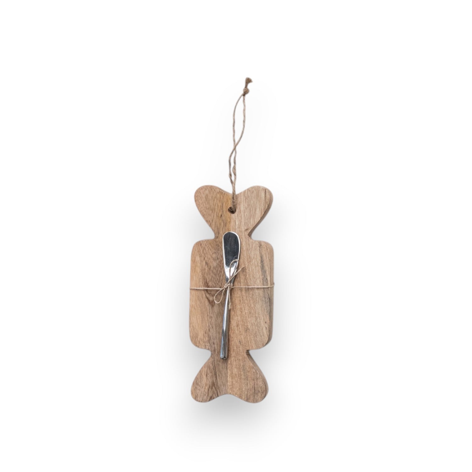 Mellow Monkey candy-shaped mango wood serving board with a matching canape knife tied with rustic jute twine.