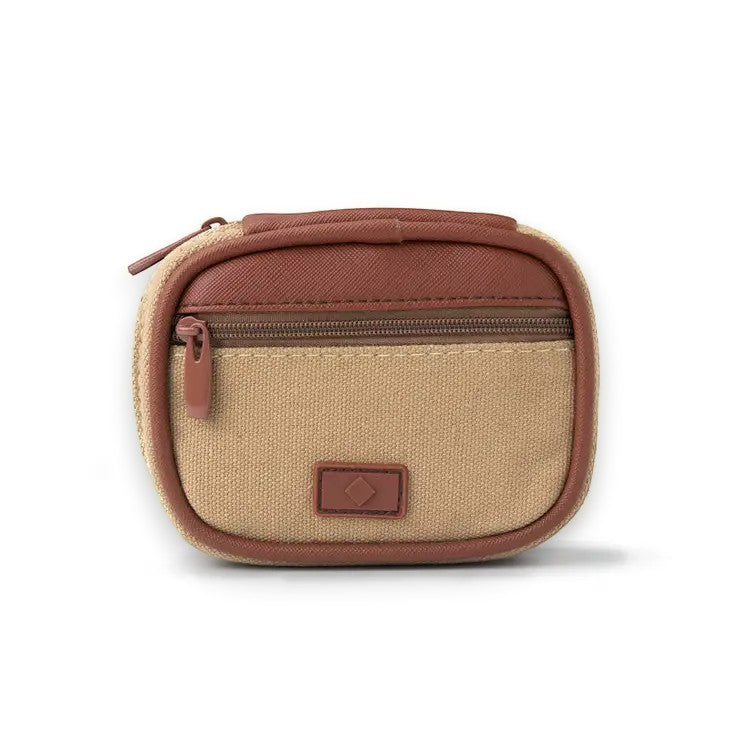 Mellow Monkey beige canvas travel pill case with brown trim and zipper, 8 compartments, 4.5-in