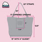 Mellow Monkey grey canvas tote bag with zippered opening, interior zippered pocket, and dual straps. Dimensions shown.