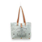 Mellow Monkey La Couspaude canvas tote bag with brown leather handles and vintage wine label print