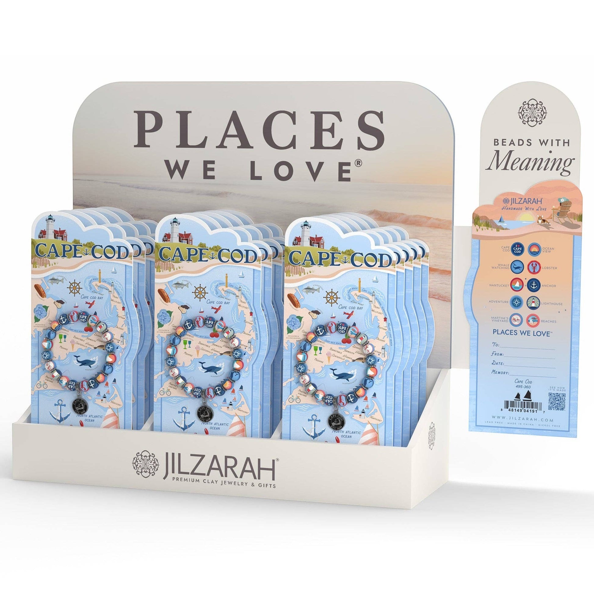 Mellow Monkey Cape Cod bracelet collection display featuring clay bead bracelets with coastal and nautical charms.