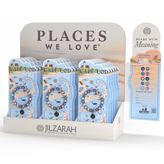 Mellow Monkey Cape Cod bracelet collection display featuring clay bead bracelets with coastal and nautical charms.