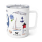 Mellow Monkey 12oz stainless steel insulated mug with Cape Cod nautical watercolor illustrations and clear lid
