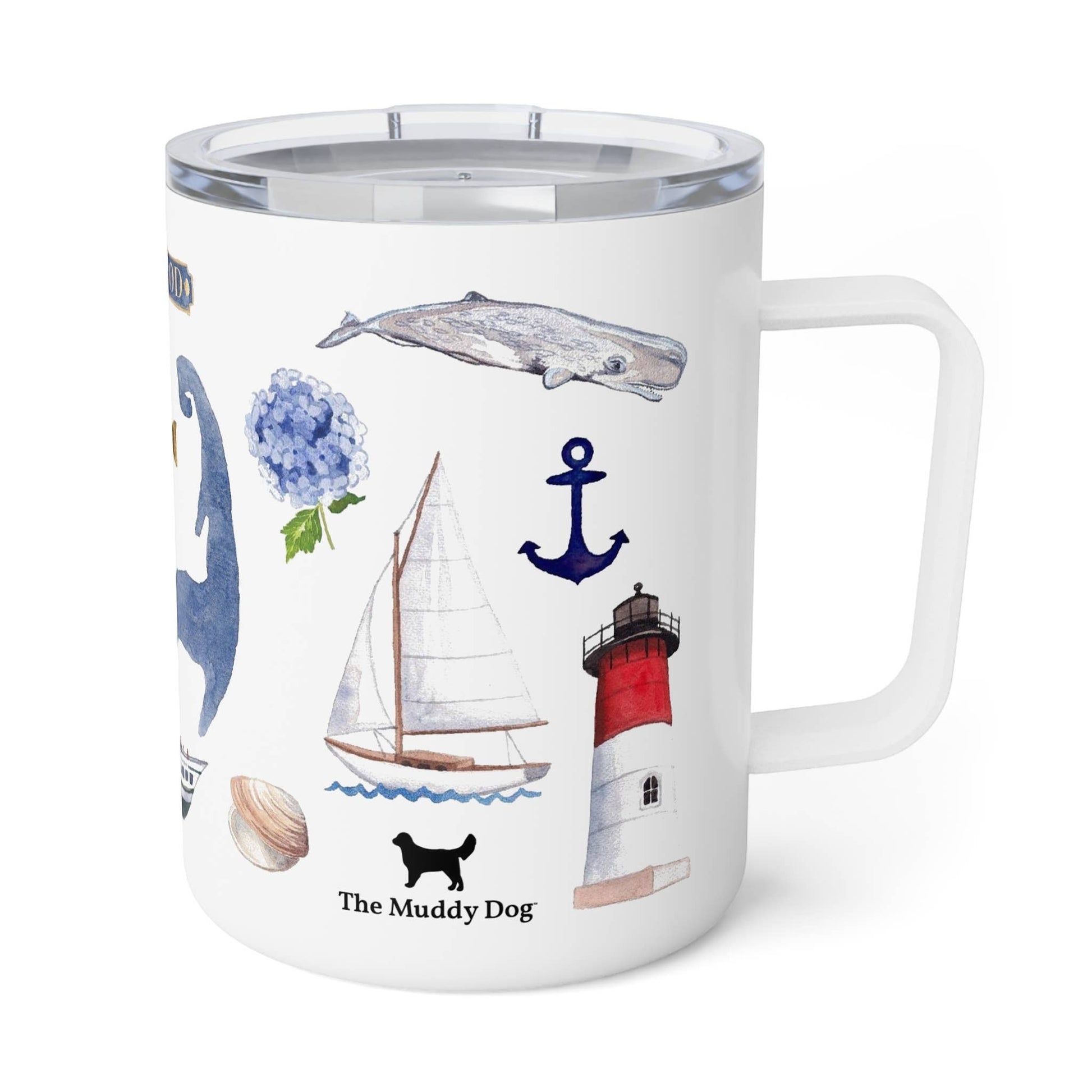 Mellow Monkey 12oz stainless steel insulated mug with Cape Cod nautical watercolor illustrations and clear lid