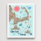 Mellow Monkey Cape Cod and Islands framed art print with colorful illustrations of boats, a whale, sun, and houses.
