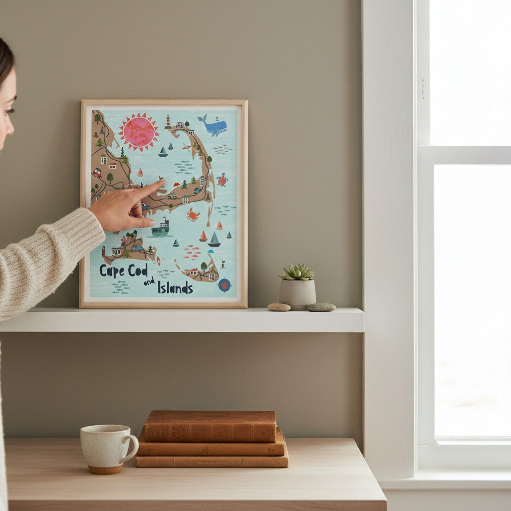 Mellow Monkey Cape Cod and Islands framed art print with colorful illustrations of landmarks, boats, and marine life.
