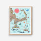Mellow Monkey Cape Cod and Islands framed art print with a whimsical map illustration, featuring a sun, whale, boats, and coastal scenes.