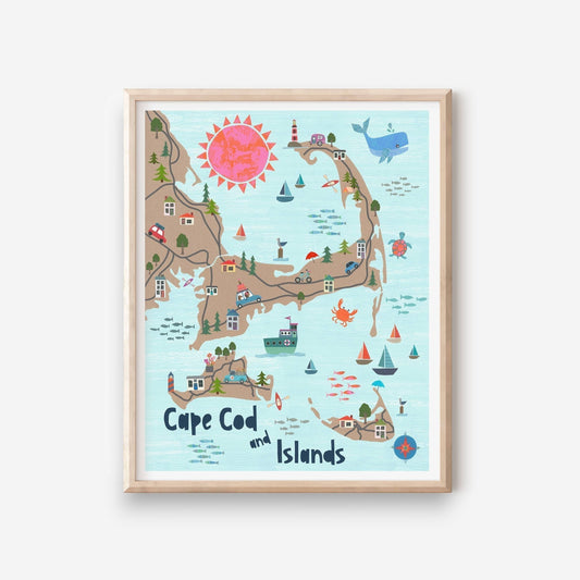 Mellow Monkey Cape Cod and Islands framed art print with a whimsical map illustration, featuring a sun, whale, boats, and coastal scenes.