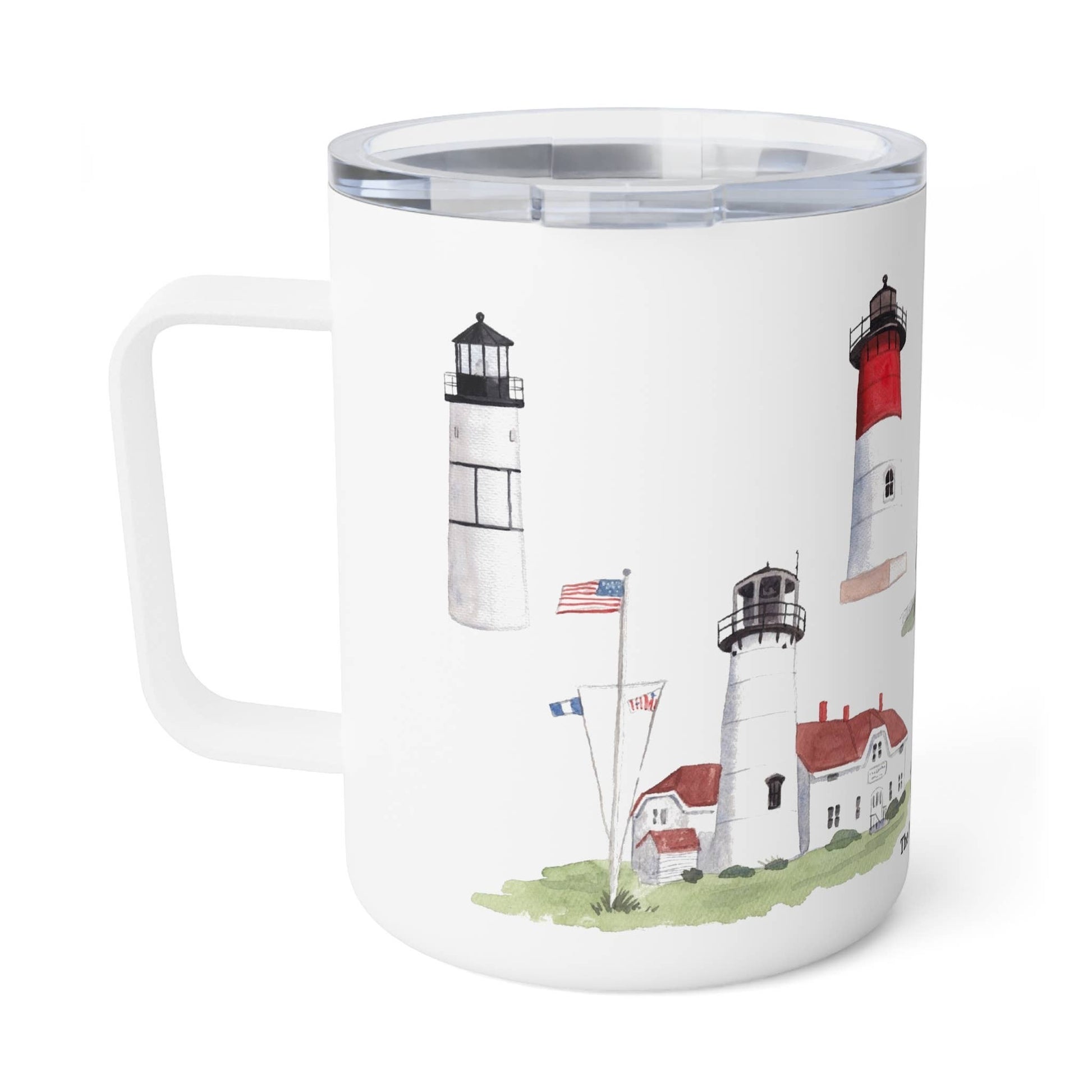 Mellow Monkey 12oz insulated stainless steel mug featuring watercolor Cape Cod lighthouse illustrations and clear lid.