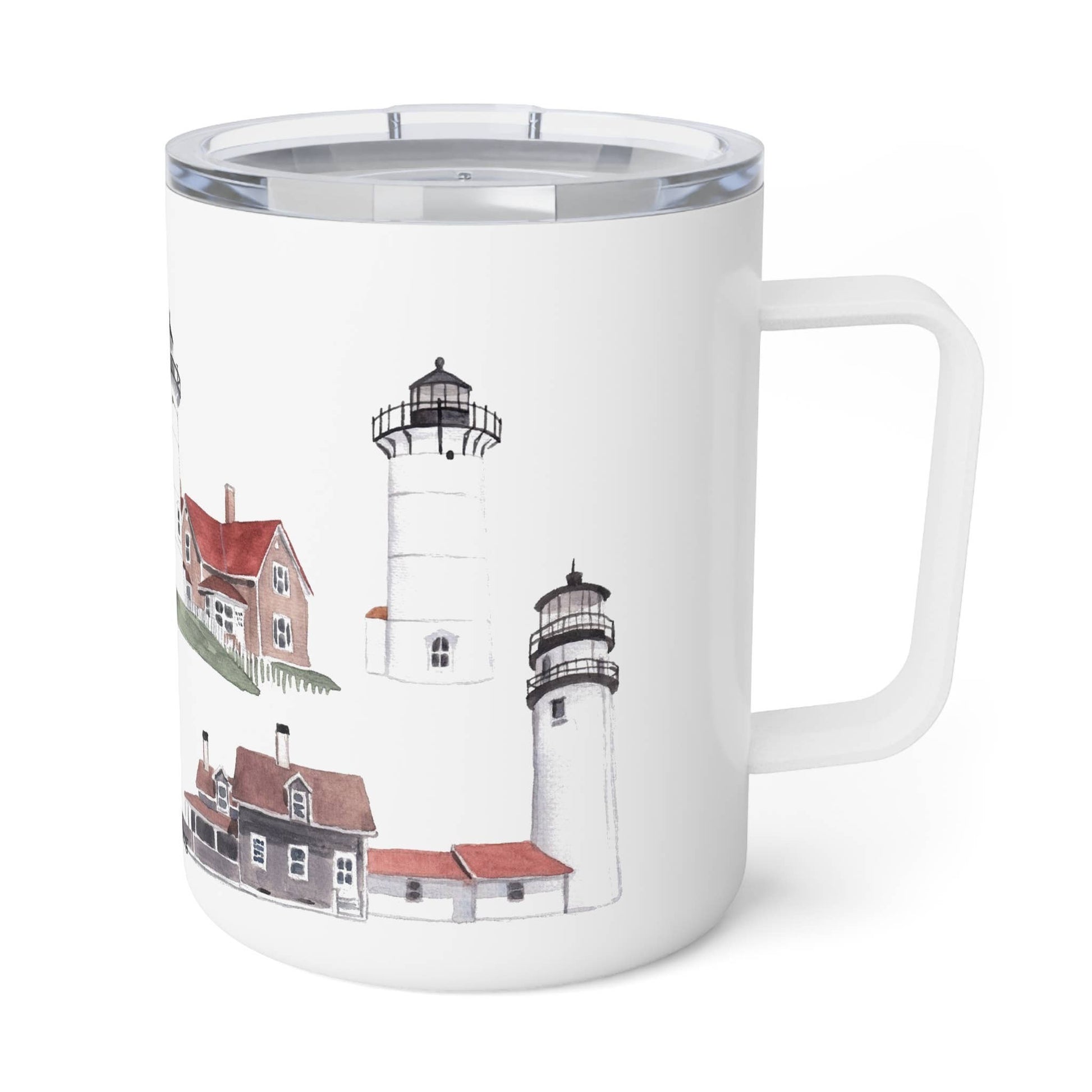 Mellow Monkey 12oz stainless steel insulated mug featuring watercolor Cape Cod lighthouse illustrations and clear lid.
